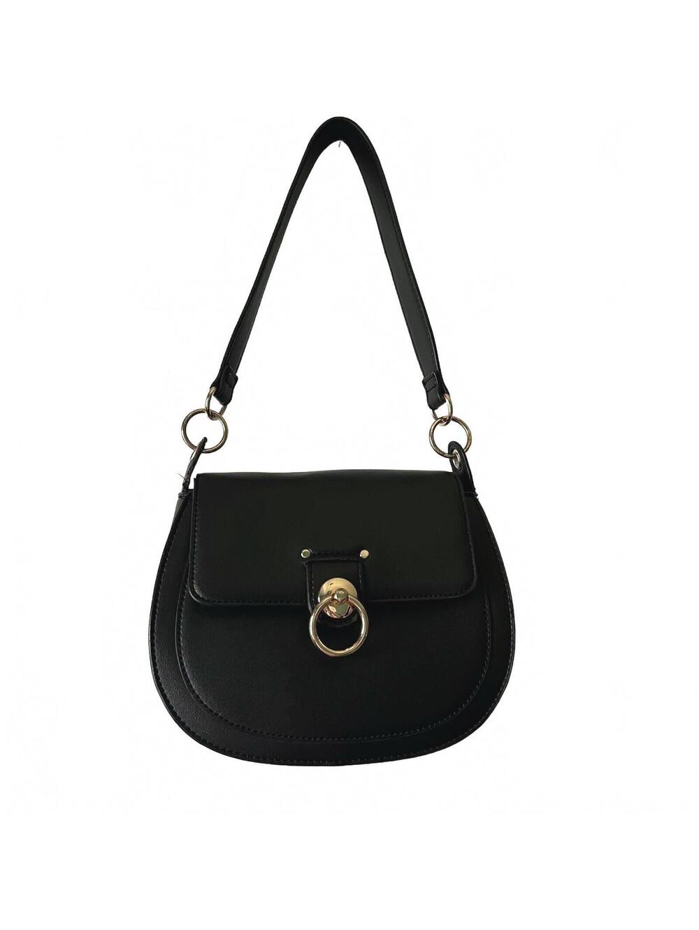 Badgley Mischka Shoulder Strap Saddle Bag Black Faux Leather Gold Ring Detail
